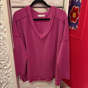 Zenana Outfitters Pink Ribbed V-Neck Top